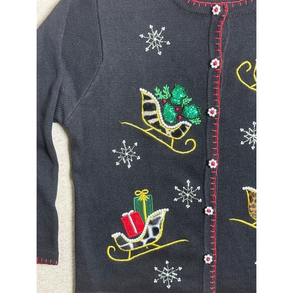 Christmas Sweater Embellished Pearls Sequin Black Animal Print Sleighs Sz Large - Picture 2 of 10